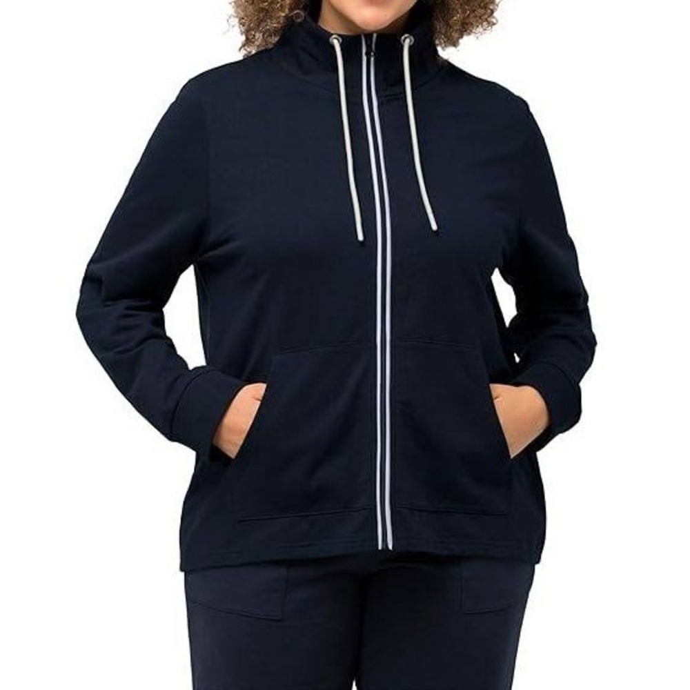 Ulla Popken Womens Navy Blue Full Zip Move It Graphic Mock Neck Sweatshirt 32/34